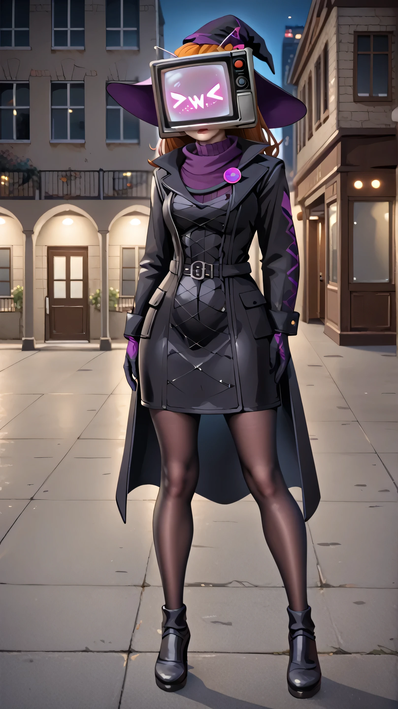 ((masterpiece, best quality)), (8k, best quality), (((best quality))), 1girl, full body, humanoid, TV head, robot girl, television woman, glowing violet television screen as face, screen face, sleek and modern design, stylish and well-proportioned, witch outfit, black coat, purple turtleneck, black gloves, black pantyhose, witch hat, Halloween theme, fantasy costume, detailed witch dress, intricate jewelry, standing in a confident pose, high-quality fabric texture, subtle wind effect on clothing, urban setting, eerie yet elegant atmosphere, dramatic lighting, photorealistic rendering, stylish outfit, high-resolution details, robotic elements seamlessly blended with a human-like body, thick thighs, professional digital art, urban fantasy, Halloween costume, perfect anatomy, score_9, score_8_up, score_7_up, score_6_up, score_5_up, , stylish witch attire, glowing elements, TV head witch, detailed attire, fantasy theme,CHARACTERS: POKEMON [PONY XL | INDIGO XL],cooliehigh,robot girl, tvwoman, tv head, black pantyhose, black gloves, wanda cosplay,