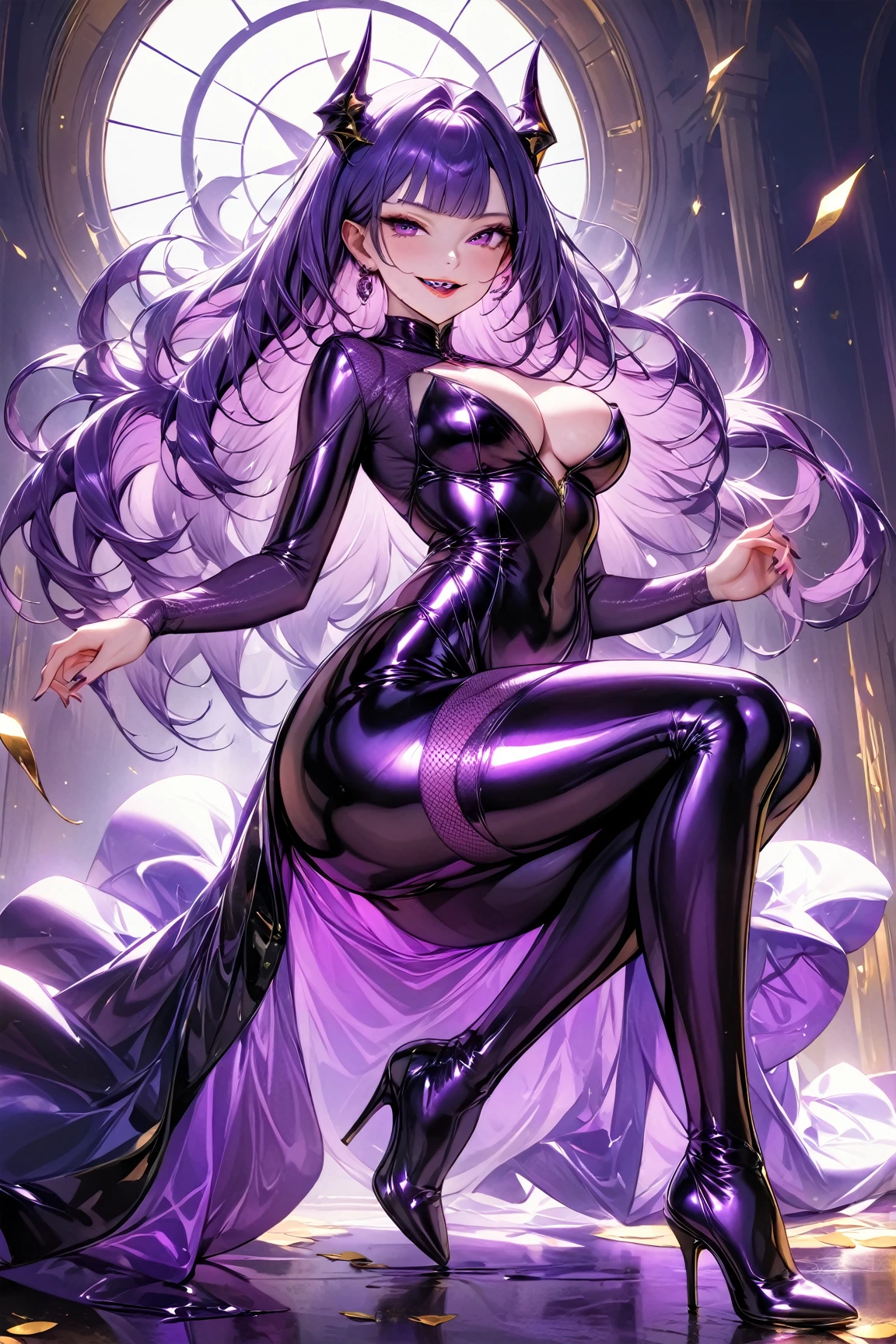 Create a digital artwork of a voluptuous female character with massive breasts in an anime-inspired style. The character should have long, flowing purple hair and large, expressive purple eyes. She should be wearing a tight white corset that accentuates her curves. The art style should be a blend of anime and semi-realism, with: Smooth, detailed shading: Use gradients to create depth and volume in the character's form. Sharp, precise line work: Clean lines to define the character's features and outfit. Realistic lighting effects: Emphasize the reflective quality of the latex outfit with highlights and glossy reflections. Soft, ambient background: Set the scene in a nighttime environment with a full moon, cherry blossom trees, and lanterns. The background should have a soft, romantic glow with bokeh effects to enhance the dreamy atmosphere. Color vibrancy: Use rich, vibrant colors for the character and background to make the image pop. Ensure the character's expression is slightly open-mouthed, giving a seductive and confident look. The overall mood should be bold and captivating, with a high level of detail and polish in the final artwork. The character should be looking down, the position of the camera being below her knees, loooking up at her