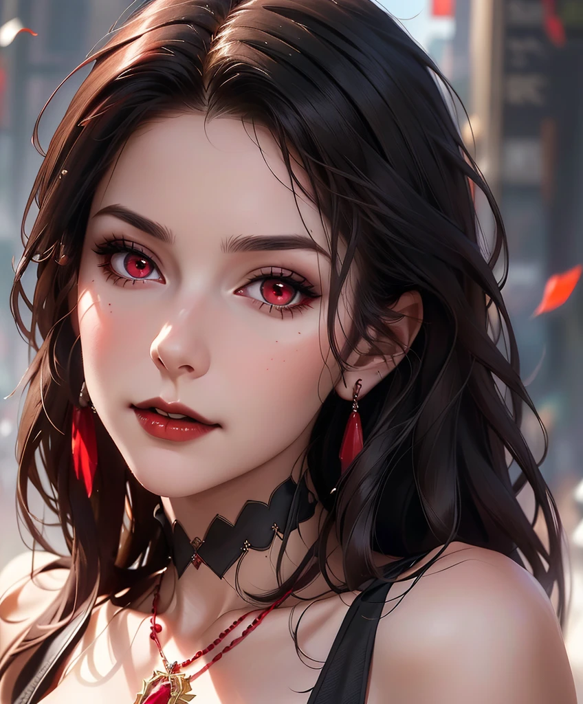 Realistic Portrait, Elegant mature woman (1 female), with red eyes, black hair, long hair, ruby amulet, focus on face, close up shot, cleavage, gothic black dress, only upper body, up to waist, soft light, high detail, 4k resolution, high quality, beautiful CG