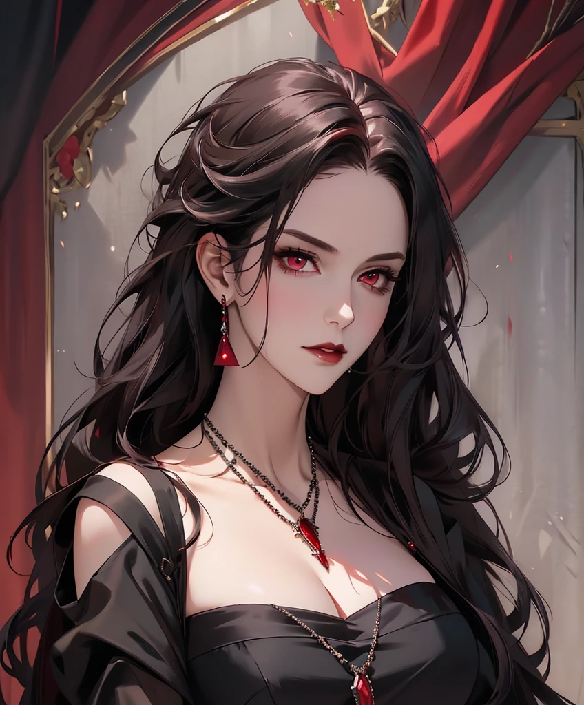 Realistic Portrait, Elegant mature woman (1 female), with red eyes, black hair, long hair, ruby amulet, focus on face, close up shot, cleavage, gothic black dress, only upper body, up to waist, soft light, high detail, 4k resolution, high quality, beautiful CG