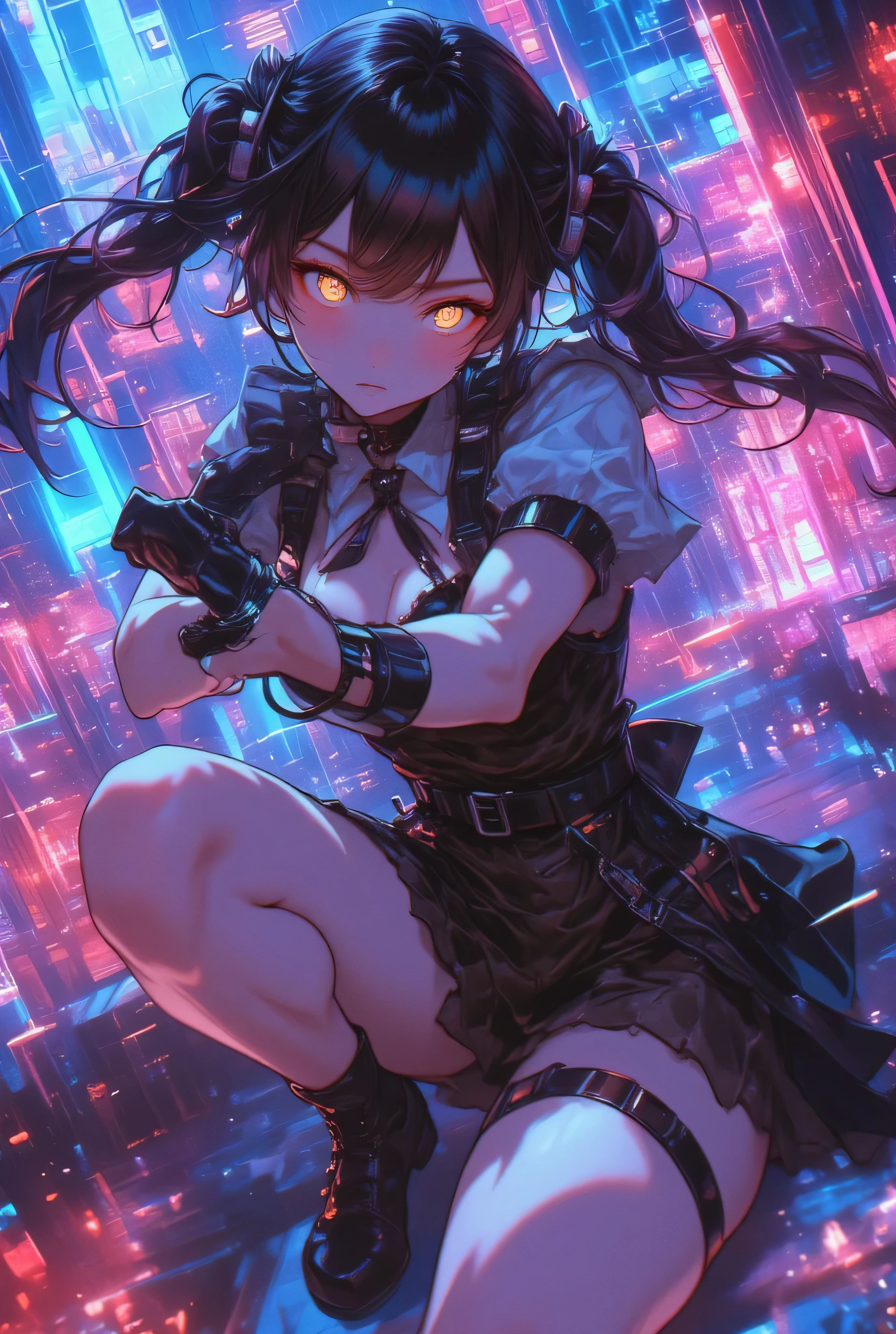  A Japanese lolita .
 Dressed in a meid coffee , sexy,  provocative . 
 Chanel-style hair with bangs .
 Bioluminescent honey eyes . 
 Shiny black lolita style shoe.
 is in a fighting pose .
Stamble diffuser .
neon effect.
Whole body.
seen from the front.
 (Anime style 32K, HDR, UHD, Intricate detail, Extremely intricate detail, Hyper-realistic, Extremely realistic, High quality, vivid color, Extremely detailed).