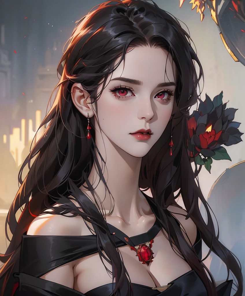 Realistic Portrait, Elegant mature woman (1 female), with red eyes, black hair, long hair, ruby amulet, focus on face, close up shot, cleavage, gothic black dress, only upper body, up to waist, soft light, high detail, 4k resolution, high quality, beautiful CG