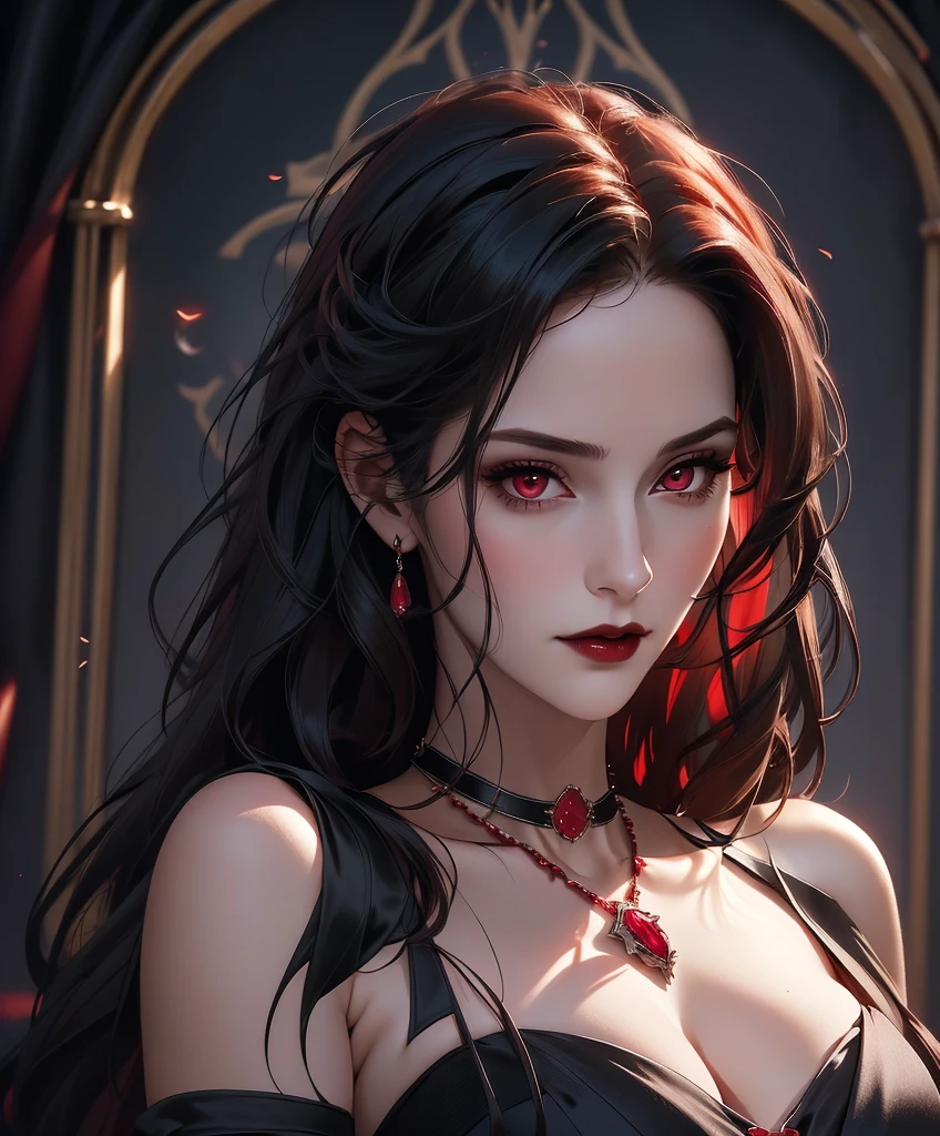 Realistic Portrait, Elegant mature woman (1 female), with red eyes, black hair, long hair, ruby amulet, focus on face, close up shot, cleavage, gothic black dress, only upper body, up to waist, soft light, high detail, 4k resolution, high quality, beautiful CG