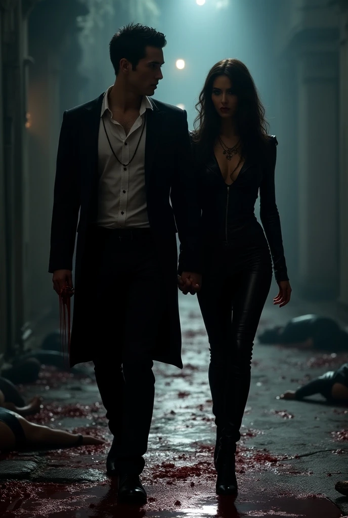 A handsome man wearing a black suit and a young woman is wearing a pendant running with a shadowy man controlling them with puppet string from above


