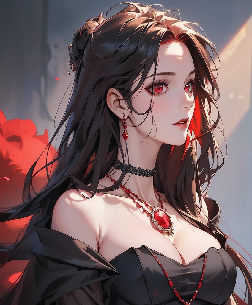 Realistic Portrait, Elegant mature woman (1 female), with red eyes, black hair, long hair, ruby amulet, focus on face, close up shot, cleavage, gothic black dress, only upper body, up to waist, soft light, high detail, 4k resolution, high quality, beautiful CG