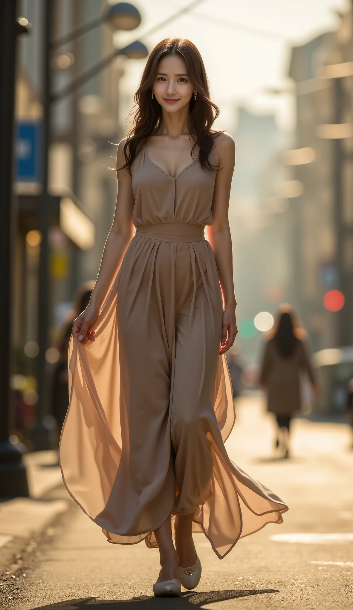 Korea girl walking on the street, cinematic style soft lighting glow effect　　　　　