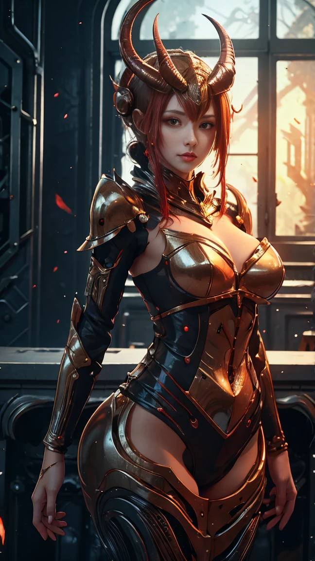 Alien armour, red skin, slime skin, portrait, epic, rim light, mechanized, full body [[huge perky breasts,slim waist , cleavage bulge, thick thighs, curvy figure]] looking back, backside POV from back 