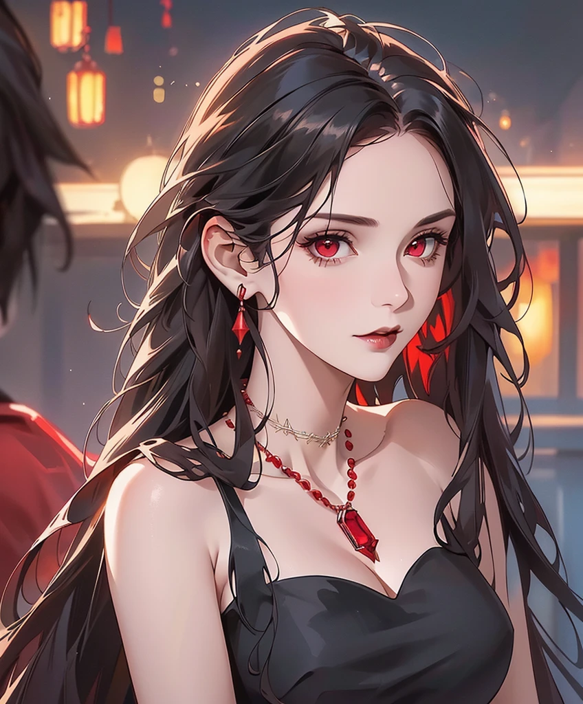 Realistic Portrait, Elegant mature woman (1 female), with red eyes, black hair, long hair, ruby amulet, focus on face, close up shot, cleavage, gothic black dress, only upper body, up to waist, soft light, high detail, 4k resolution, high quality, beautiful CG