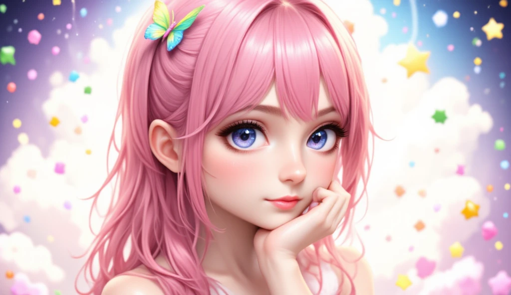 1girl, pink hair in a butterfly bow, cute realistic portrait, Gouenji style, magical girl portrait, adorable character, cute art style, anime moe painting style, Kaede no Monogatari character art, cute portrait, cute anime girl portrait, small character portrait, artwork in the style of Gouenji, anime **** splatter art