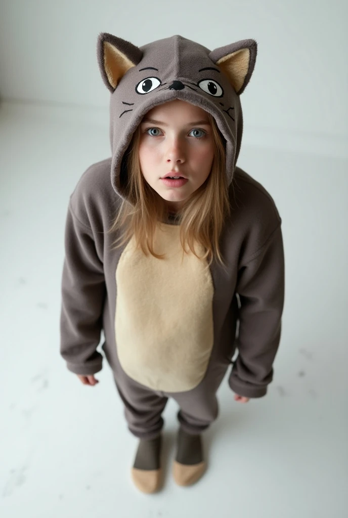 A shocked 18 year old Russian girl wearing a cat costume standing on a plain white floor shot from above as she looks at the camera. Big breasts
