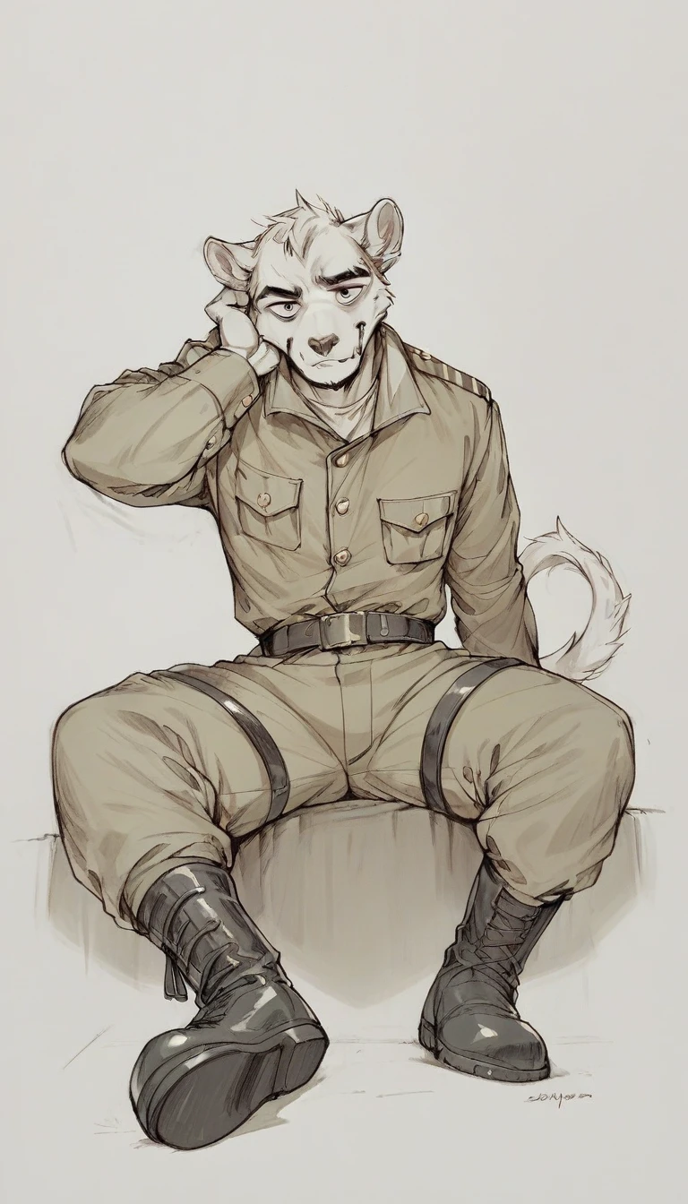 anthro furry military men, Low angle, long shoot, good face, The style of the artwork should resemble that of Jacques-Louis David, POV:stomping your face!, boots, sitting