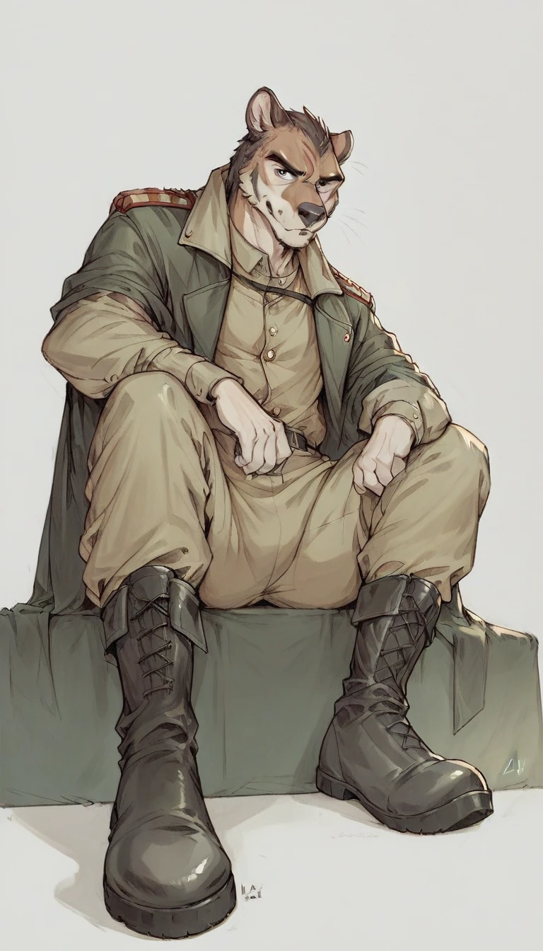 anthro furry military men, Low angle, long shoot, good face, The style of the artwork should resemble that of Jacques-Louis David, POV:stomping your face!, boots, sitting