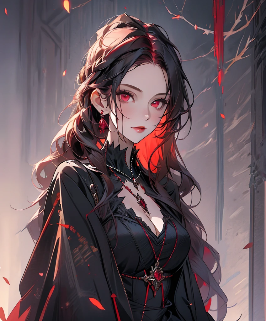 Realistic Portrait, Elegant mature woman (1 female), with red eyes, black hair, long hair, ruby amulet, focus on face, close up shot, cleavage, gothic black dress, only upper body, up to waist, soft light, high detail, 4k resolution, high quality, beautiful CG