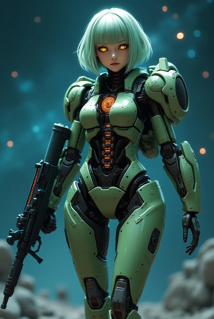 female android、 light green short bob 、Yellow Eyes、 black inner 、Light green light armor 、X-rays on the chest、Light green disc-shaped shoulder rest、 light green machine arm 、 right arm is beam gun 、 light green machine leg 、 blue-purple backpack 、 carrying a rifle and bazooka、 outer space 、Floating