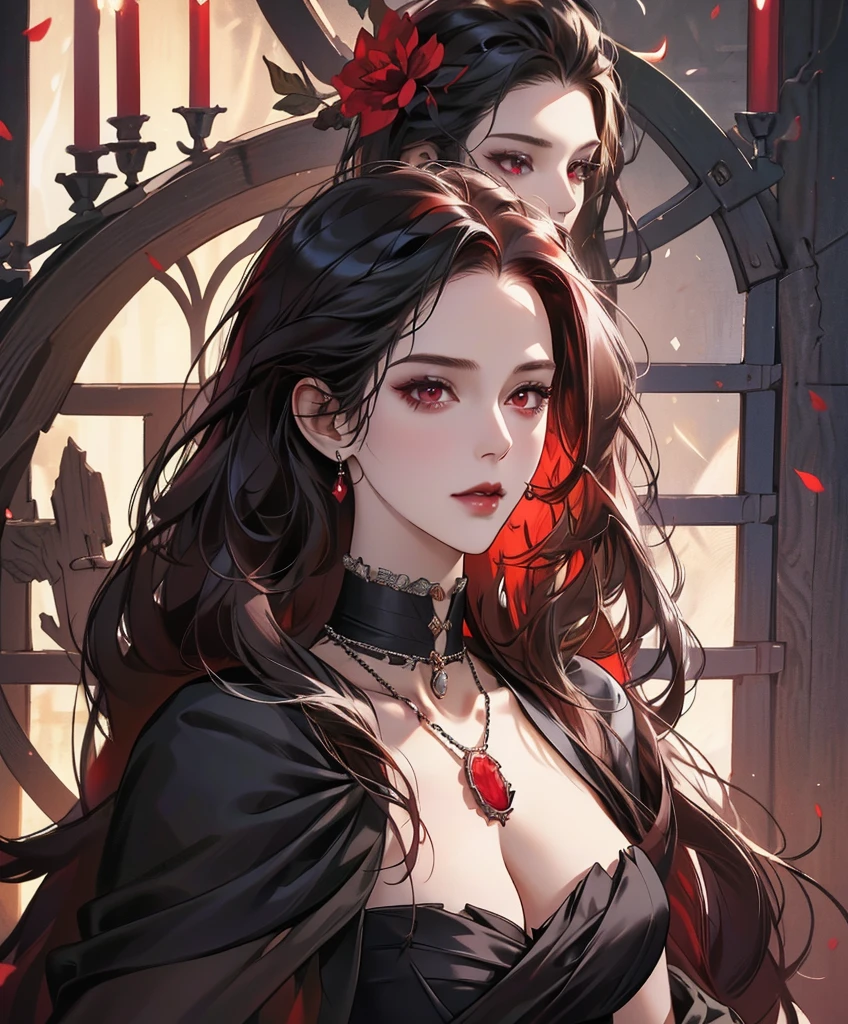 Realistic Portrait, Elegant mature woman (1 female), with red eyes, black hair, long hair, ruby amulet, focus on face, close up shot, cleavage, gothic black dress, only upper body, up to waist, soft light, high detail, 4k resolution, high quality, beautiful CG