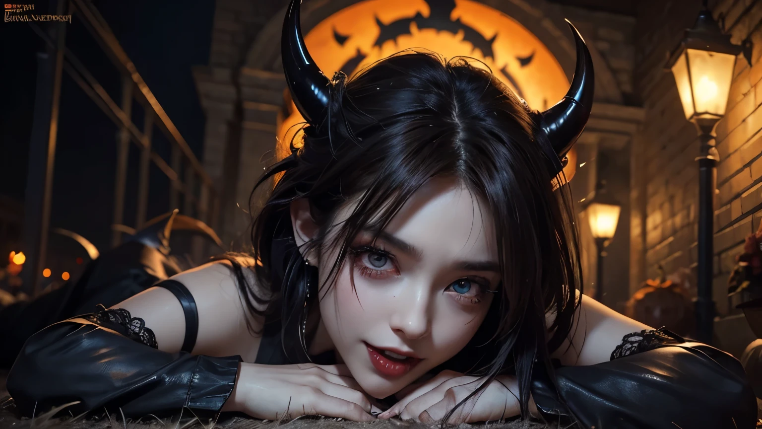 realistic, cinematic, photogenic, Haloween, in an urban area, wearing cosplay of scary devil, horns growing like devil, Jack O'Lantern in the background, a very lively crowd around, festive atmosphere, in the night, lying down on the ground, shot from directly above, looking in from below, upturned eyes, with scary expression, ahegao, o-face, tongue sticking out, vampire-like fangs in mouth, smiling only eyes, gaze of temptation, bright brown hair, pompadour hairstyle, twisted bangs, hair is blowing in the wind, hair is shaggy and dishevelled, a flushed face from drunkenness, a little sweaty, a tipsy expression, beautiful white translucent skin, slendar figure, almost exposed skin, heavy and vivid makeup, makeup like devil and witch, detailed rendering, cinematic lighting, vibrant colors, photorealistic, best quality, 8k, hyperdetailed