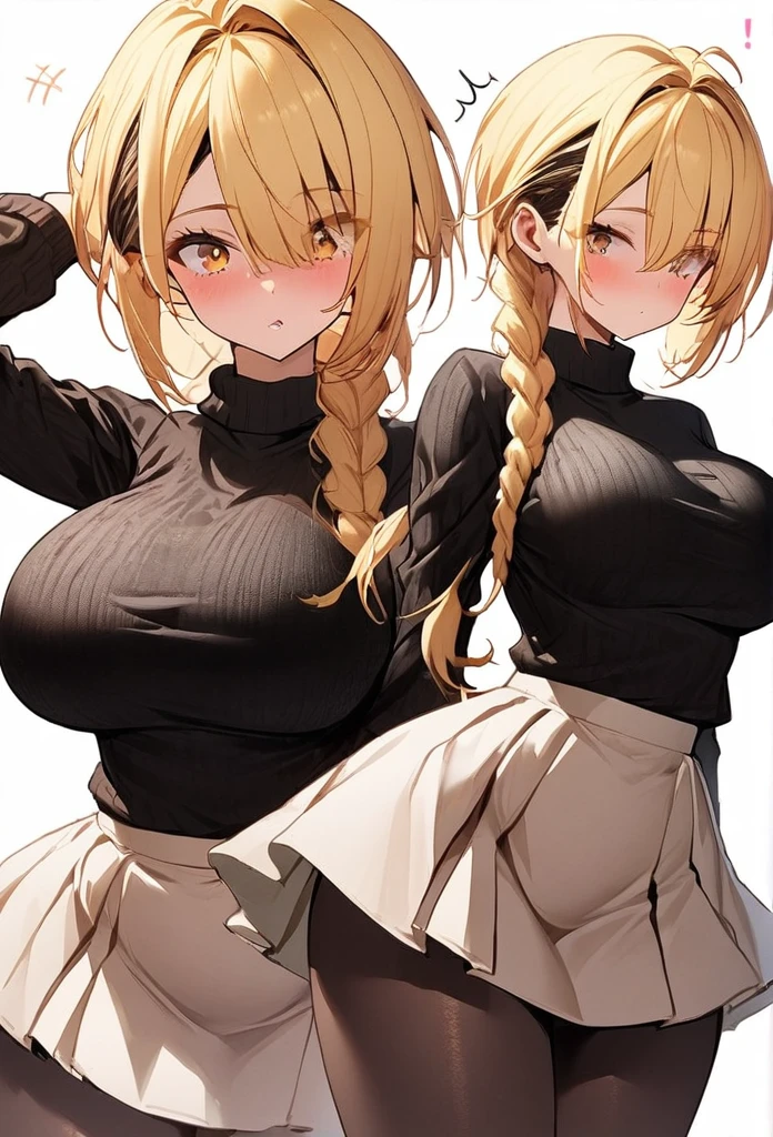 1 girl, blonde hair,  undercut hairstyle with the long bangs with a thin braid behind, with yellow eyes ,  Big breasts,  with a fitted wool top , wearing short black tights , with a white miniskirt , 