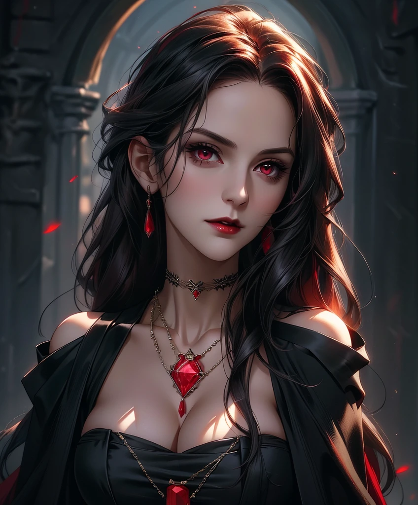 Realistic Portrait, Elegant mature woman (1 female), with red eyes, black hair, long hair, ruby amulet, focus on face, close up shot, cleavage, gothic black dress, only upper body, up to waist, soft light, high detail, 4k resolution, high quality, beautiful CG