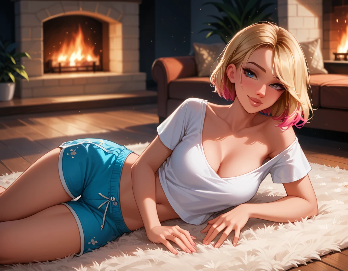 score_9, score_8_up, score_7_up, score_6_up, rating_questionable, cinematic film still, 1girl, solo, alone, very sexy (short hair Gwen Stacy, blonde, colorful highlights:1.4), (beautiful waifu, thicc:1.5), wearing cute pajama shorts and top, short sleeves, navel, cleavage, filled lips, thick lips, (dimly lit living room, beautiful modern home, fireplace:1.1), (on side, lying, POV:1.2), laying on plush rug, hand inside shorts, masturbating, gentle smile, shallow depth of field, vignette, dimly lit, expressiveh d4rk01l, perfect hands, perfect proportions.