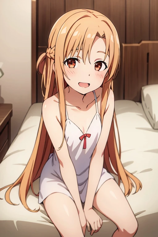 ((Best Quality)), ((masterpiece)), (be familiar with),  perfect face, indoor, bedroom,  watching viewers,
One woman, Yuuki Asuna,
 open mouth , Ecstatic expression, blush, smile,
Small breasts,  flat chest, , , child, Girl,
Long Hair,  long hair,
Leg spread,