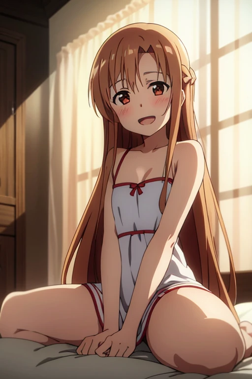 ((Best Quality)), ((masterpiece)), (be familiar with),  perfect face, indoor, bedroom,  watching viewers,
One woman, Yuuki Asuna,
 open mouth , Ecstatic expression, blush, smile,
Small breasts,  flat chest, , , child, Girl,
Long Hair,  long hair,
Leg spread,