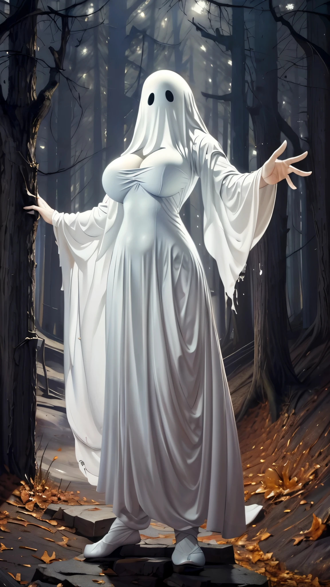 (（（figure，御姐figure,White and tender skin,（（（ghost costume,ghost,））），,(（（No Head ））),((masterpiece)),highres,((Best quality at best)),masterpiece,quality,Best quality,(（（  exquisite facial features, for the audience ,））），Huge breasts，苗条figure，forest，night，Dynamic poses）））