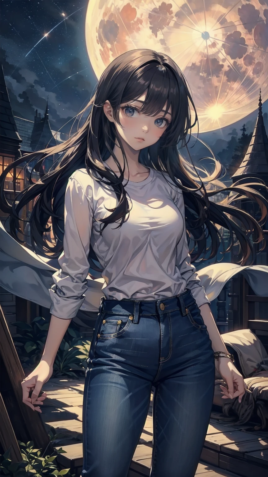  beautiful anime-style scene of a young woman standing under a shining full moon , Soft ,  Aethereal Light . She has been a long time,  Flowing black hair with brown and gold hues ,  gently swaying wind over the night sky . her calmness,  Her gentle expression staring into the distance captures that moment.  The background depicts a clear night sky strewn with stars , And a big ,  Moon that shines prominently behind her .  Distant planets with rings are visible near the Moon ,  Adding an element of fantasy to the scene .  She wears loose casual clothes ,  A bright shirt and fitted jeans ,  stands gracefully against a peaceful background , A dreamlike night.