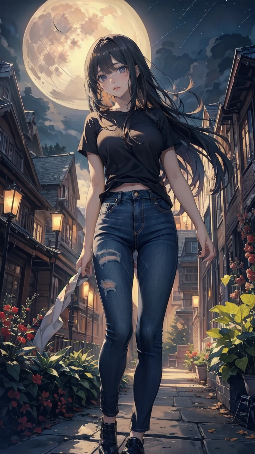  beautiful anime-style scene of a young woman standing under a shining full moon , Soft ,  Aethereal Light . She has been a long time,  Flowing black hair with brown and gold hues ,  gently swaying wind over the night sky . her calmness,  Her gentle expression staring into the distance captures that moment.  The background depicts a clear night sky strewn with stars , And a big ,  Moon that shines prominently behind her .  Distant planets with rings are visible near the Moon ,  Adding an element of fantasy to the scene .  She wears loose casual clothes ,  A bright shirt and fitted jeans ,  stands gracefully against a peaceful background , A dreamlike night.