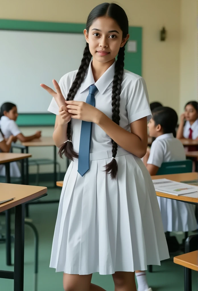 1 schoolgirl, wearing a white frock uniform, white shoes, white socks, full body, braided black hair with plait, classroom , highly detailed, hyper realistic, 8k, photorealistic, masterpiece, studio lighting, cinematic lighting, vibrant colors, intricate details, sharp focus, 3d, volumetric lighting, dynamic pose