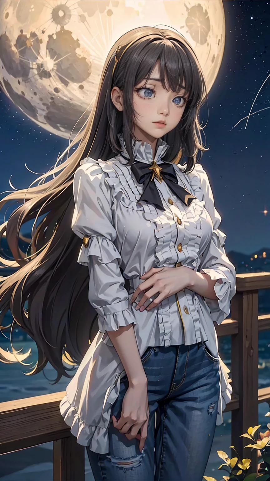  beautiful anime-style scene of a young woman standing under a shining full moon , Soft ,  Aethereal Light . She has been a long time,  Flowing black hair with brown and gold hues ,  gently swaying wind over the night sky . her calmness,  Her gentle expression staring into the distance captures that moment.  The background depicts a clear night sky strewn with stars , And a big ,  Moon that shines prominently behind her .  Distant planets with rings are visible near the Moon ,  Adding an element of fantasy to the scene .  She wears loose casual clothes ,  A bright shirt and fitted jeans ,  stands gracefully against a peaceful background , A dreamlike night.