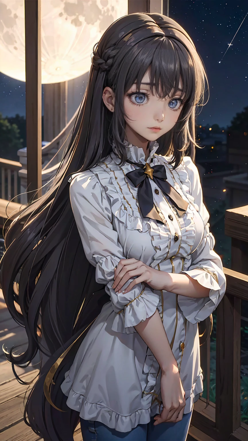  beautiful anime-style scene of a young woman standing under a shining full moon , Soft ,  Aethereal Light . She has been a long time,  Flowing black hair with brown and gold hues ,  gently swaying wind over the night sky . her calmness,  Her gentle expression staring into the distance captures that moment.  The background depicts a clear night sky strewn with stars , And a big ,  Moon that shines prominently behind her .  Distant planets with rings are visible near the Moon ,  Adding an element of fantasy to the scene .  She wears loose casual clothes ,  A bright shirt and fitted jeans ,  stands gracefully against a peaceful background , A dreamlike night.