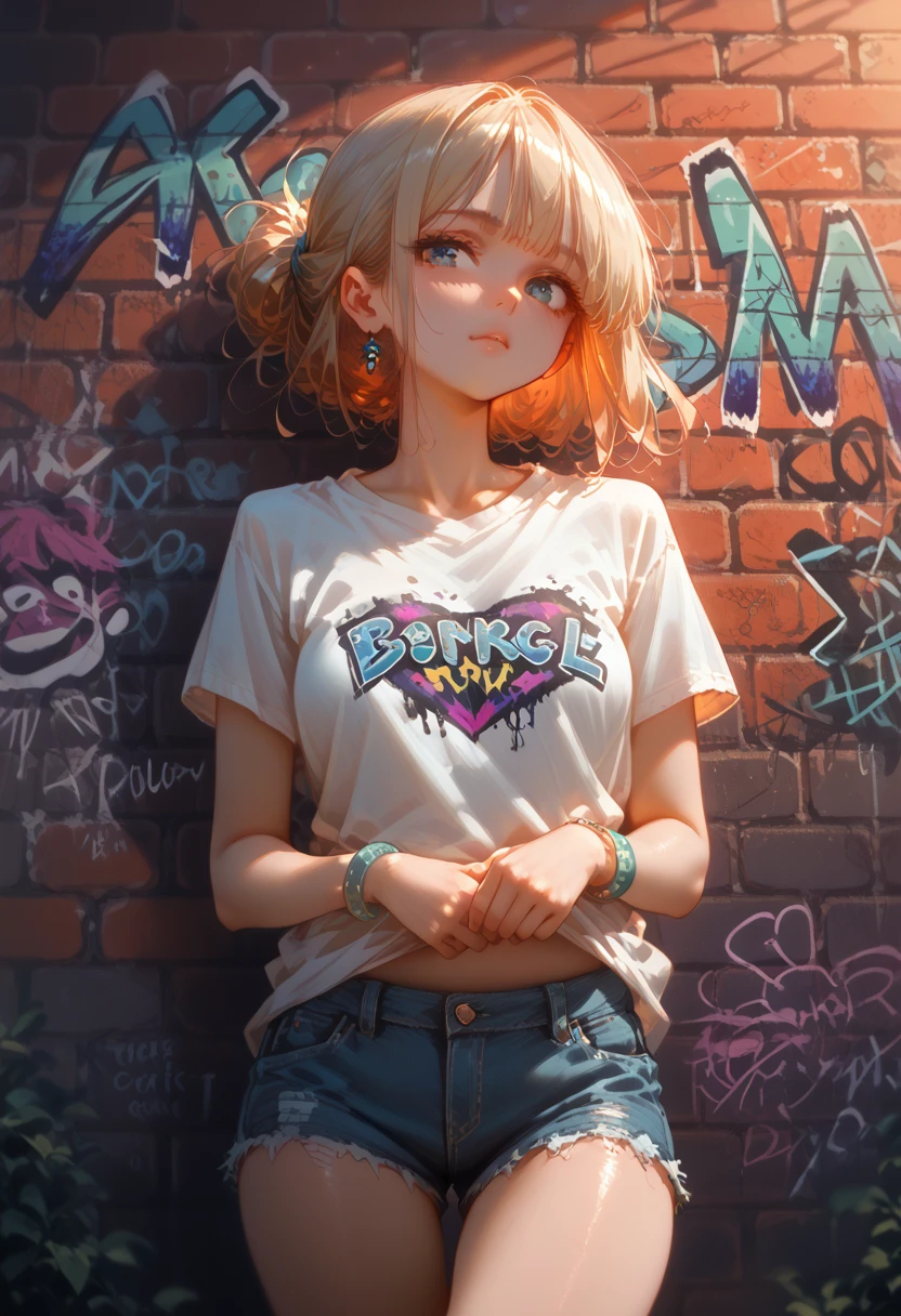 young woman, sexy,  perfect anatomy ,  clothes T-shirt and Denim Shorts ,  Hairstyle Stylish with hairspray and painted ends, On the arm Soft bracelet ,  Background Brick wall with multicolored graffiti , bright colors, 8 k,  complex details, maximum quality,  Dull dark graffiti outline , 