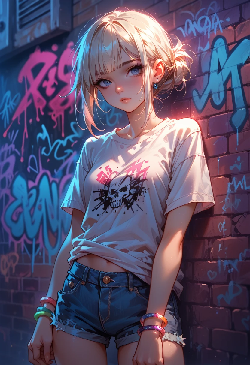 young woman, sexy,  perfect anatomy ,  clothes T-shirt and Denim Shorts ,  Hairstyle Stylish with hairspray and painted ends, On the arm Soft bracelet ,  Background Brick wall with multicolored graffiti , bright colors, 8 k,  complex details, maximum quality,  Dull dark graffiti outline , 