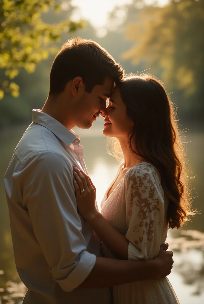 Romantic landscape late afternoon couple in love hugging with many details