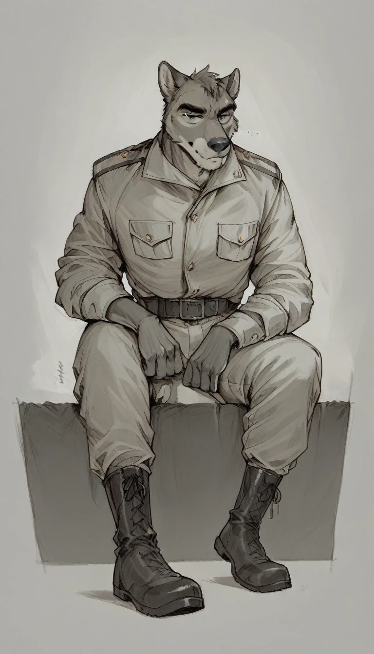 anthro furry military men, Low angle, long shoot, good face, The style of the artwork should resemble that of Jacques-Louis David, POV:stomping your face!, boots, sitting