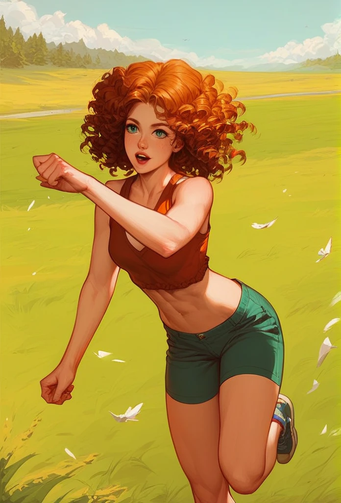 young woman, curly hair. black. defined body. defined abs. Wearing a top and shorts. Is running in a field.  