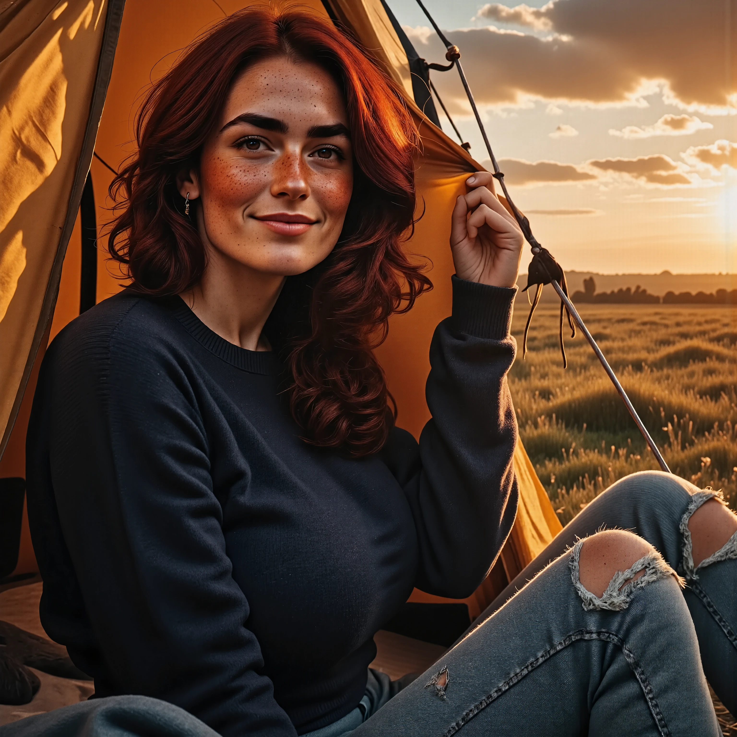 Photorealistic, cinematic style, picture of a beautiful British woman opening her sleeping bag in a tent, (dynamic pose:1.5), (smile). She has Brown eyes, downturned eye shape, light skin and freckles, reddish-brown hair, shag hairstyle . She's wearing a dark blue sweater, stonewashed jeans. The background is a rustic tent, hill top in the summer. Spectacular sunset. Atmospheric, relaxed. perfect hand,HDR, intricate details ,