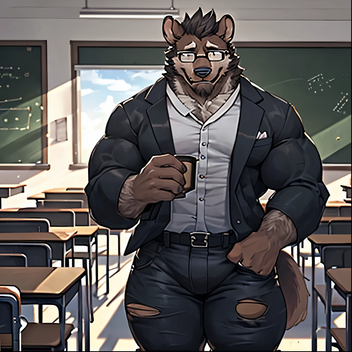 ((extremely detailed, super detail, masterpiece, ultra realistic, highres, detailed shadows, detailed lightining)), (((under view, from below, close viewer, POV, close-up, viewer under desk))), (((((solo, 1boy, super hairy anthro ( red deer))))), ((strong, slim , broad hips, venous muscles,)), ((teacher suit, detailed gigantic outlined bulge semihard, (big balls:0.8))), masculine face, ((sleep effect, sleeping, sitting leaning back)), young guy , (glasses), (pencil), detailed clothes, ((classroom background, photorealistic))), green eyes, white hair, red fur.