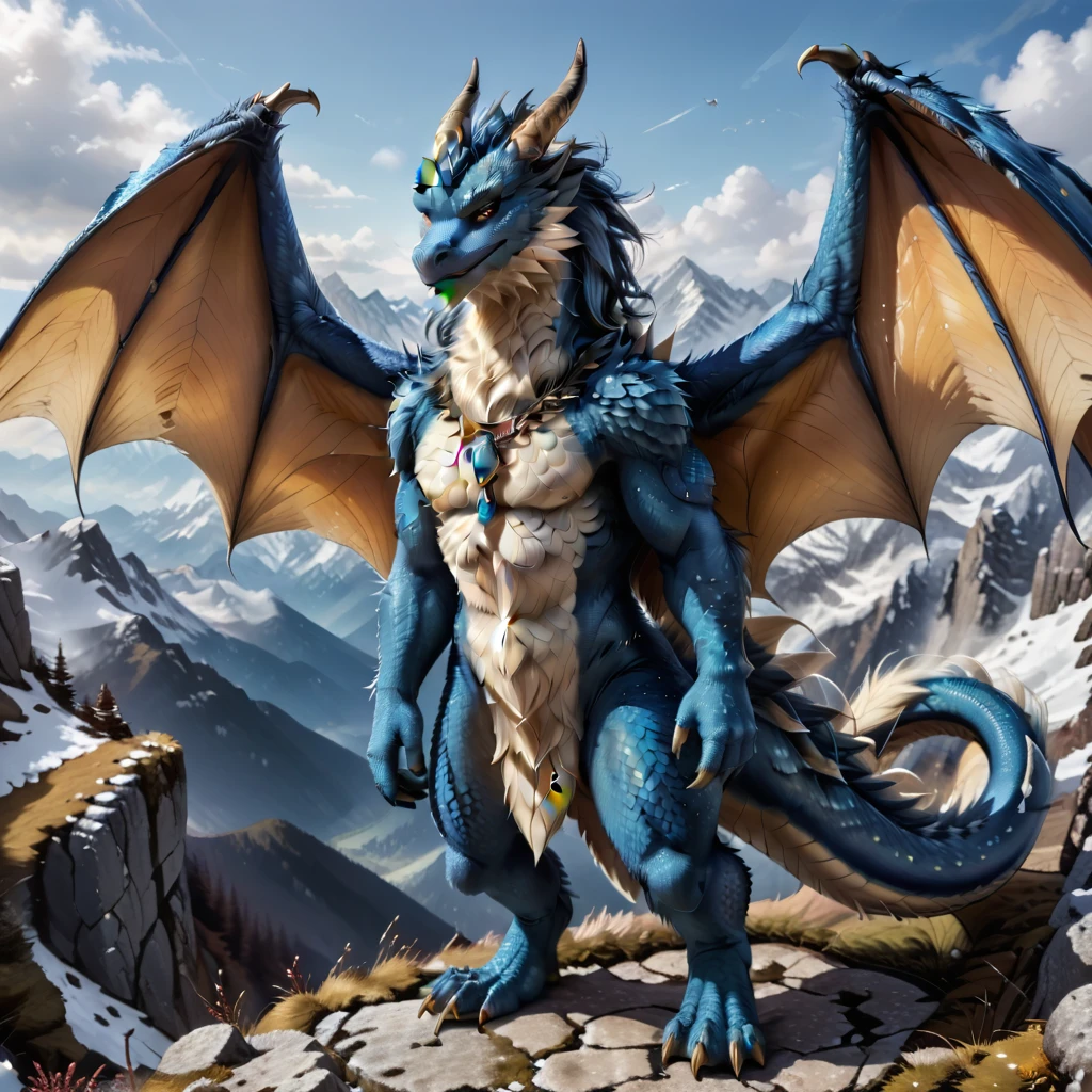 European dragon, (Fuzzy:1.3), Fur on all areas of the body,  very detailed fur, large wings, On all 4 standing , Looks at the viewer, in the high mountains, very high quality,  High resolution , detailed background