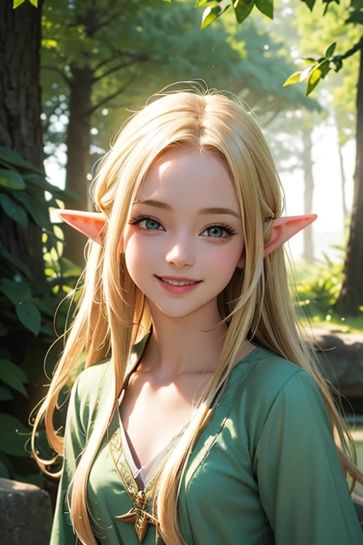 a photorealistic and uhd picture of a diminutive female elf in a fantasy setting, young blonde elf, elven character with smile, a portrait of a pretty female elf with a lithe frame, small breasts, short, delicate; wearing only a long green shirt; Portrait of an elf maiden