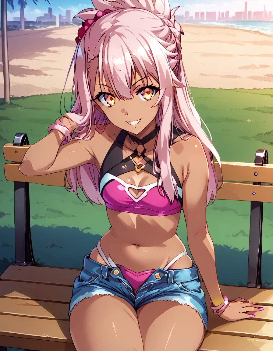 1girl,solo,smile,outdoor,midriff, pink tube top, denim hotpants, open fly, beld, gyaru clothes, thighighs,sitting,bench, chloe,dark_skinned_female,dark_skin,long_hair,pink_hair,yellow_eyes,hair_between_eyes,white_hair,bangs,small_breasts,,half_updo,one_side_up, young girl, li, (takeda hiromitsu), slender waist, nice hips, slut