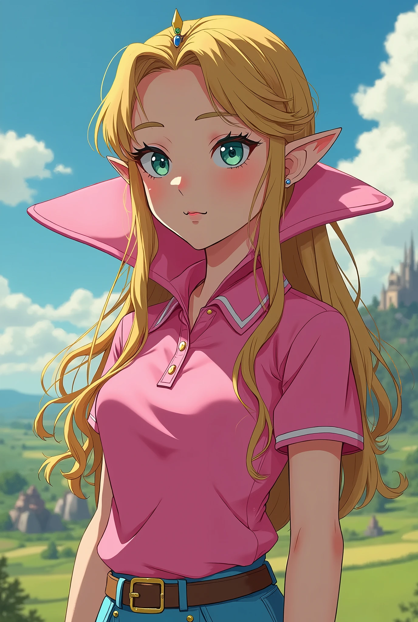 Anime, Princess Zelda wearing a Massive Pink Popped Collar Polo that's taller than her head