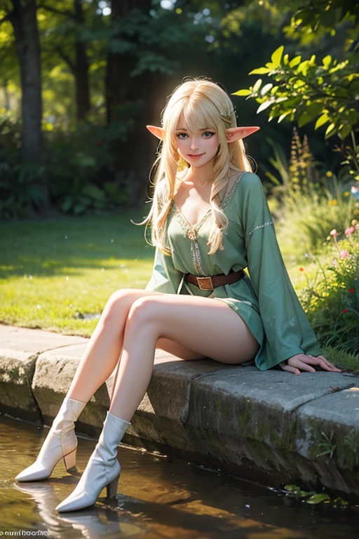 a photorealistic and uhd picture of a diminutive female elf in a fantasy setting, young blonde elf, elven character with smile, a portrait of a pretty female elf with a lithe frame, small breasts, short, delicate; wearing only a long green shirt; full body image of of an elf maiden, bare legs, short boots, sitting demurely