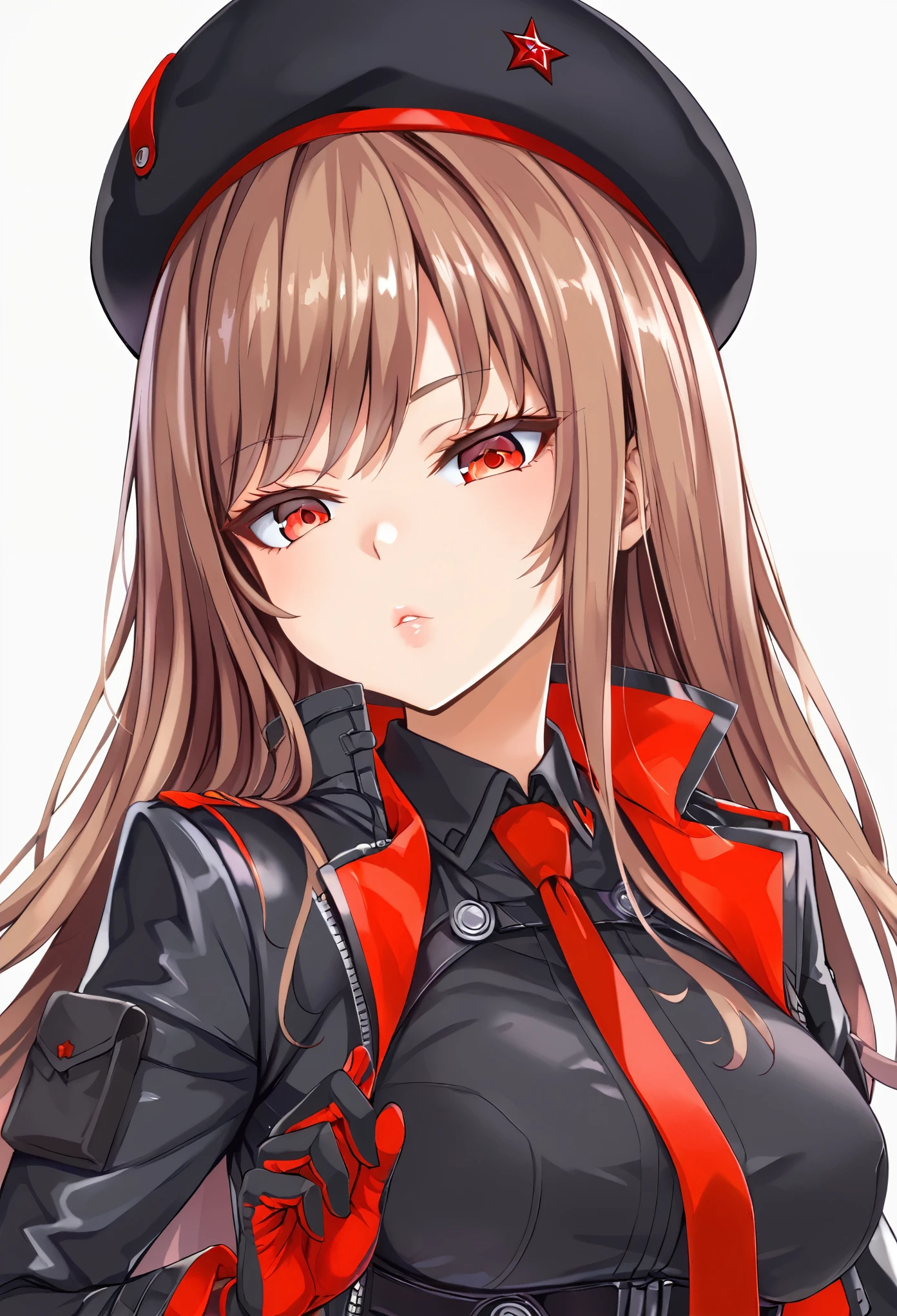 (超詳細なeye、Detailed face, super high resolution 、super high quality、eye),rapidef, red eyes, brown hair, long hair, bangs, beret, black jacket, cropped jacket, red necktie, gloves, black shirt,half-closed eye,Glossy lips,ジトeye, upper body