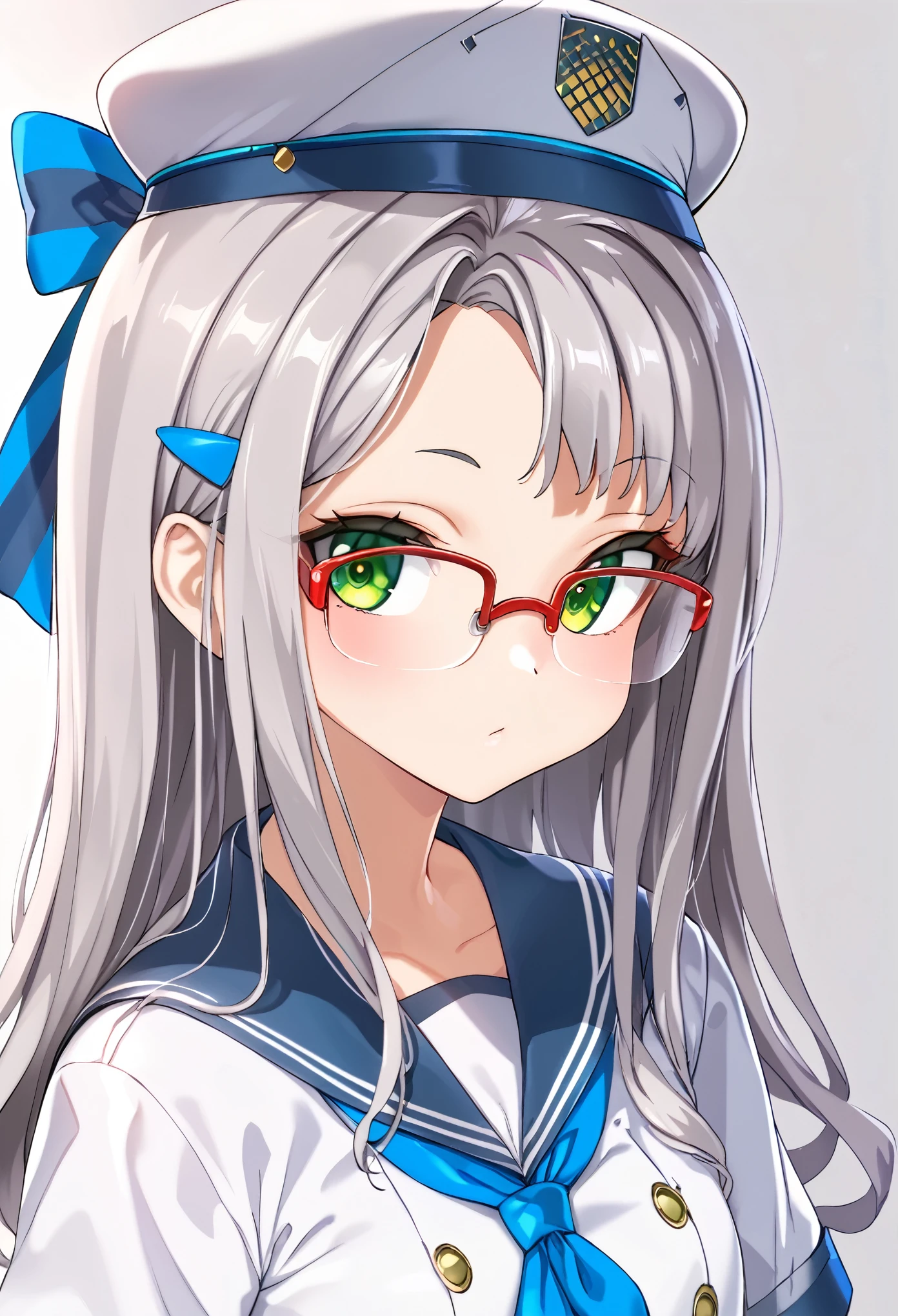 (超詳細なeye、Detailed face, super high resolution 、super high quality、eye),neon def, green eyes, grey hair, bangs, long hair, glasses, hair bow, hairclip, beret, blue sailor collar,  blue neckerchief, white shirt,A triumphant attitude、Bossy、( upper body),