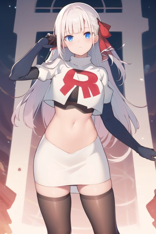 best quality, masterpiece, highres, detailed, digital artwork, RiseliaRC, red hair ribbon, white hair, blunt bangs, blue eyes, team rocket,team rocket uniform,white skirt,red letter R,crop top,black thigh-highs,black elbow gloves