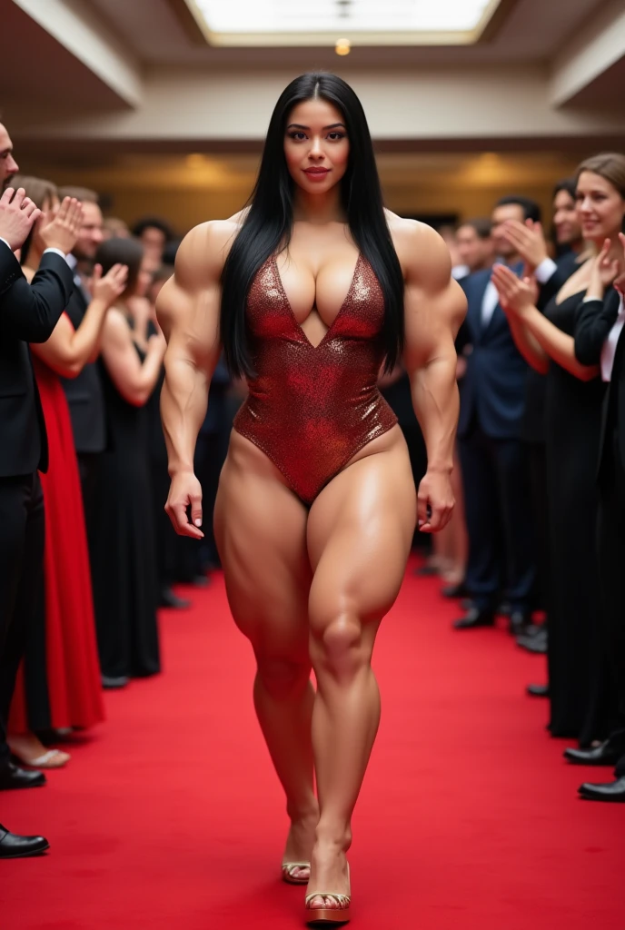 Medium shot of an extremely muscular woman strutting confidently down a vibrant red carpet. She has fair skin, long straight black hair, and dark almond-shaped eyes. Her delicate face features defined cheekbones and a charming smile that exudes confidence. The shimmering short dress highlights her bulging arms, strong shoulders, and toned legs, showcasing her impressive musculature. In the background, an enthusiastic crowd of elegantly dressed guests watches and cheers, adding to the excitement of the event.

