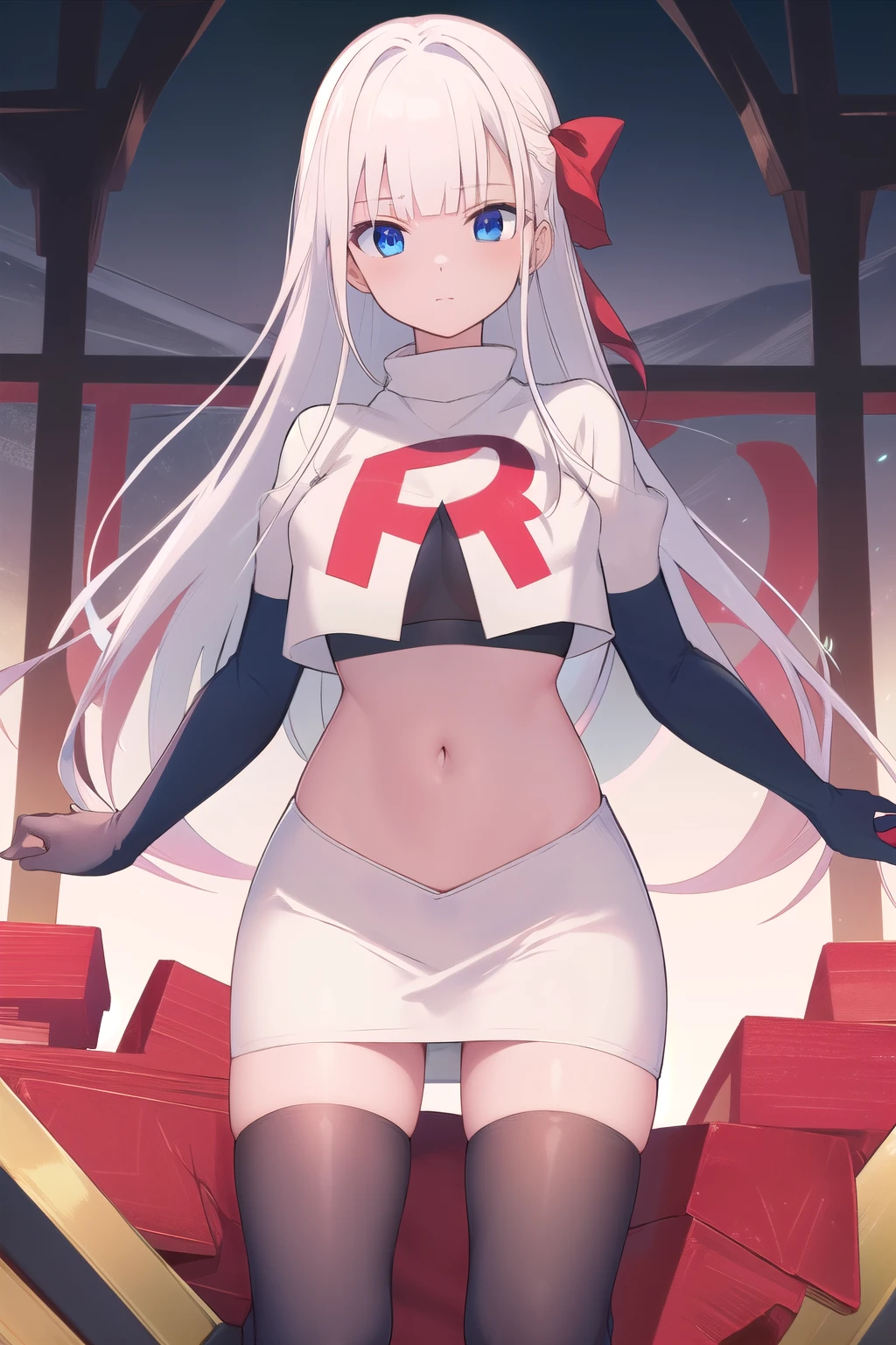 best quality, masterpiece, highres, detailed, digital artwork, RiseliaRC, red hair ribbon, white hair, blunt bangs, blue eyes, team rocket,team rocket uniform,white skirt,red letter R,crop top,black thigh-highs,black elbow gloves