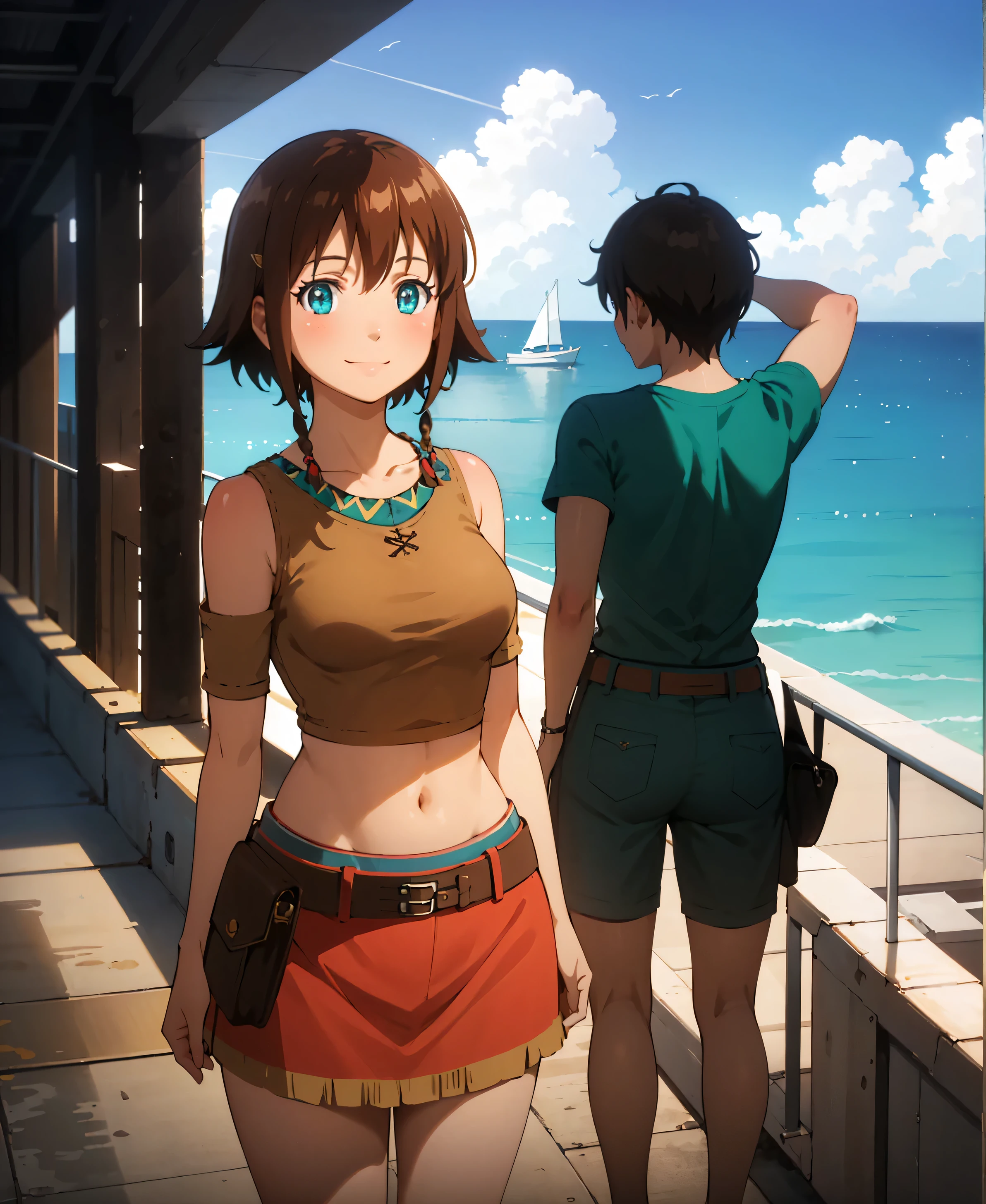  best quality , (masterpiece:1.2),  Details,
Amy Song,
One Girl, Alone, , smile,  opens her mouth,
(Dark Skin Tone:1.1), Brown Hair,  short hair, Aqua Eye, Twin Blade,
Best,  crop top , skirt,  Belt Bags ,
 standing , Arms behind head,  staring at viewers ,
light, Ocean, cloud