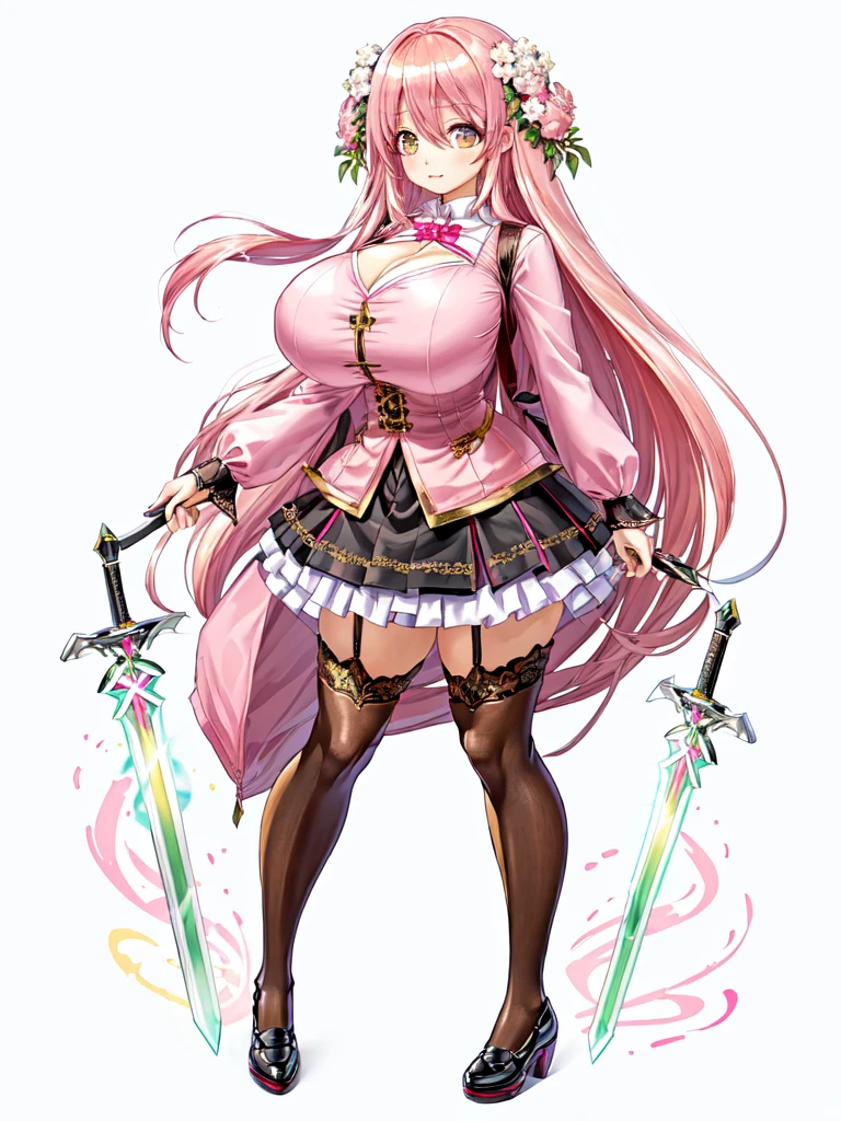 (8K, Best Quality), (mastepiece:1.4), (Intricate details:1.3), (anime), (Ultra-detailed), 1 anime girl, long pink hair, (pink hair), geranium flower on hair, (golden eyes:1.2), (huge breasts:1.4), (pink waist coat, white shirt, cleavage, black knifed skirt, black skirt with white details, black stockings, black shoes, black shoes with a pink flower), holding twin swords, green and black swords